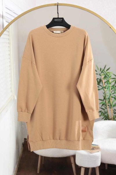 Soul Sıfır Yaka 24 Armalı Lüks Penye İki İplik Tunik Latte