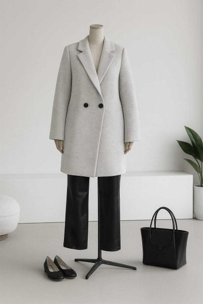 New Çift Düğmeli Erkek Yaka Kaşe Kaban Açık Gri