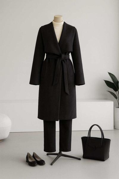 New Mendil Yaka Kuşaklı Kaşe Kaban Füme