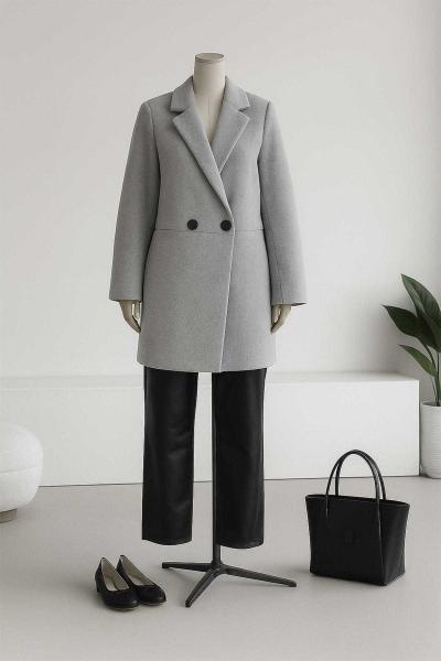 New Çift Düğmeli Erkek Yaka Kaşe Kaban Gri