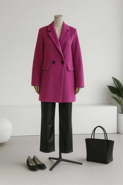 New Çift Düğmeli Erkek Yaka Kaşe Kaban Lila