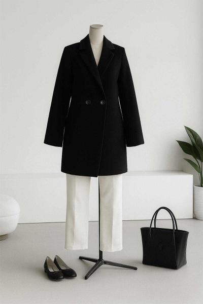 New Çift Düğmeli Erkek Yaka Kaşe Kaban Siyah