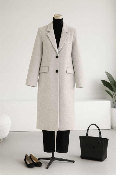 Üç Cep Detaylı Çift Düğmeli Kaşe Kaban Açık Gri