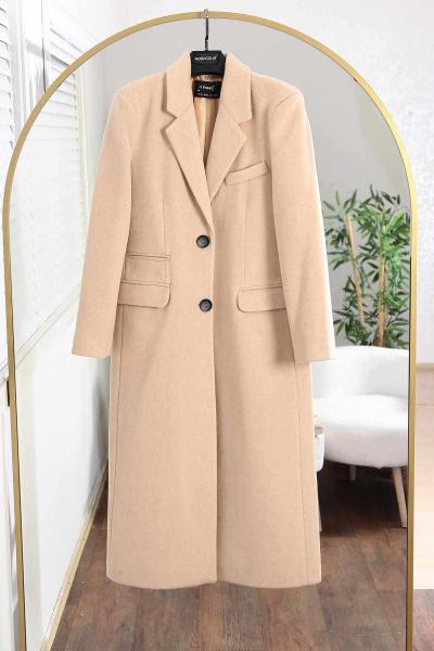 Üç Cep Detaylı Çift Düğmeli Kaşe Kaban Bej