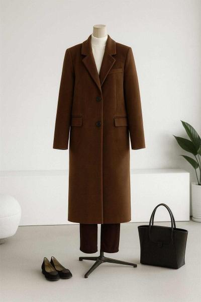 Üç Cep Detaylı Çift Düğmeli Kaşe Kaban Kahve