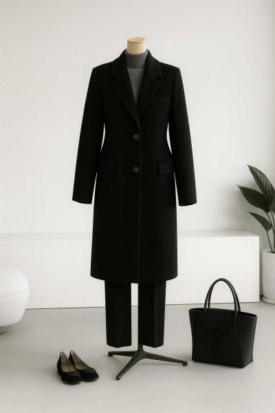 Üç Cep Detaylı Çift Düğmeli Kaşe Kaban Siyah