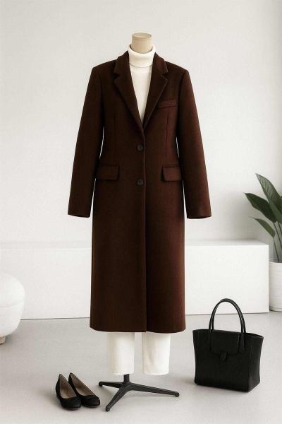 Üç Cep Detaylı Çift Düğmeli Kaşe Kaban Koyu Kahve