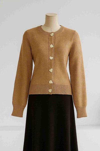 Kalp Düğmeli Triko Hırka Camel