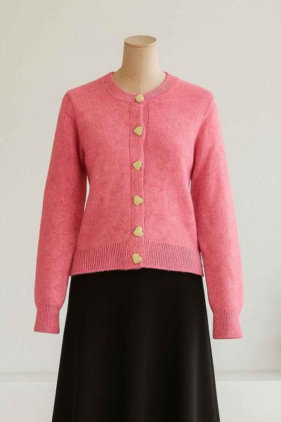 Kalp Düğmeli Triko Hırka Gül