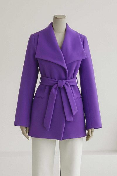 Mendil Yaka Kısa Kuşaklı Kaşe Kaban Mor