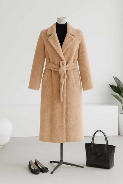 Tek Düğmeli Erkek Yaka Kuşaklı Kürk Kaban Camel