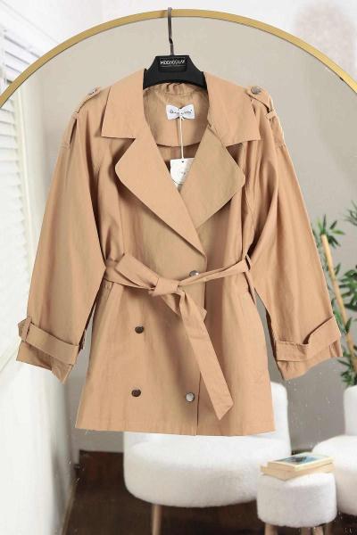 Altı Düğmeli Apoletli Kısa Trenç Camel