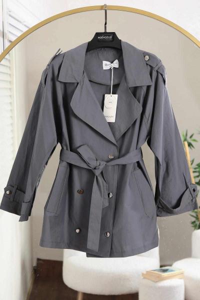 Altı Düğmeli Apoletli Kısa Trenç Gri