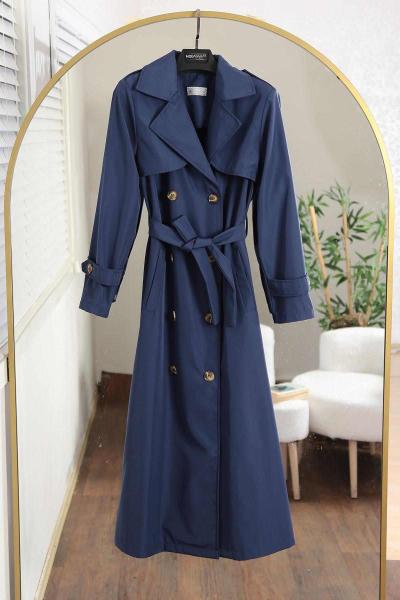 Sekiz Düğmeli Kuşaklı Bondid Trençkot Lacivert