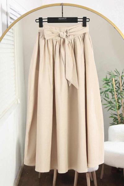 Beli Kuşaklı Vespa Kırınkıl Etek Bej