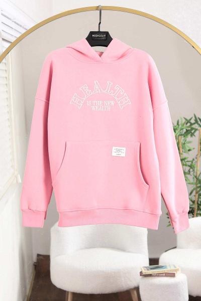 Healft Nakışlı Kapşonlu Üç İplik Sweat Pembe