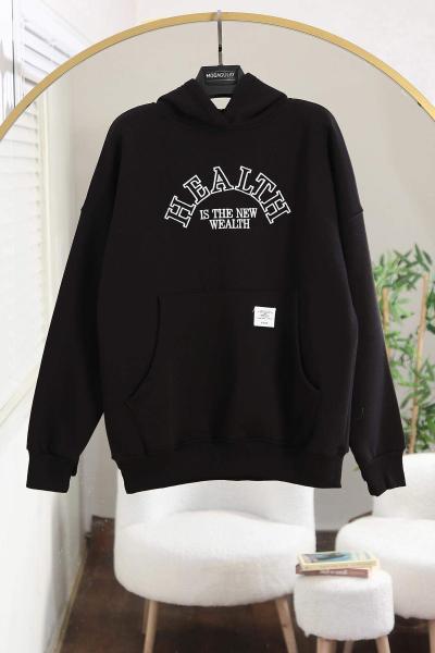 Healft Nakışlı Kapşonlu Üç İplik Sweat Siyah