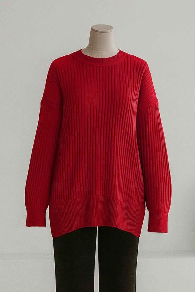 Sıfır Yaka Kendinden Çizgili Yırtmaçlı Triko Tunik Bordo