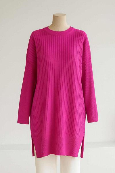 Sıfır Yaka Kendinden Çizgili Yırtmaçlı Triko Tunik Fuşya