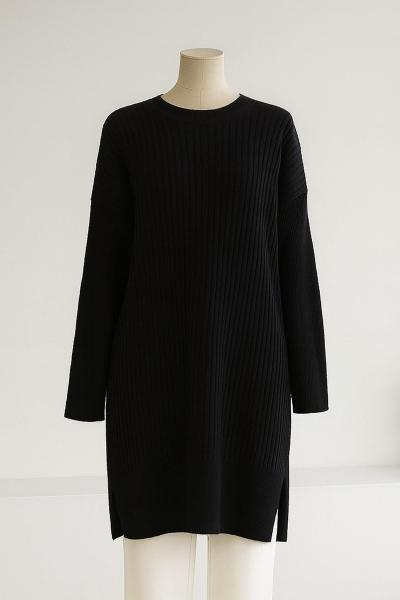 Sıfır Yaka Kendinden Çizgili Yırtmaçlı Triko Tunik Siyah