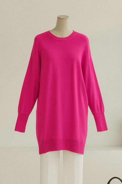 Bisiklet Yaka Triko Tunik Fuşya