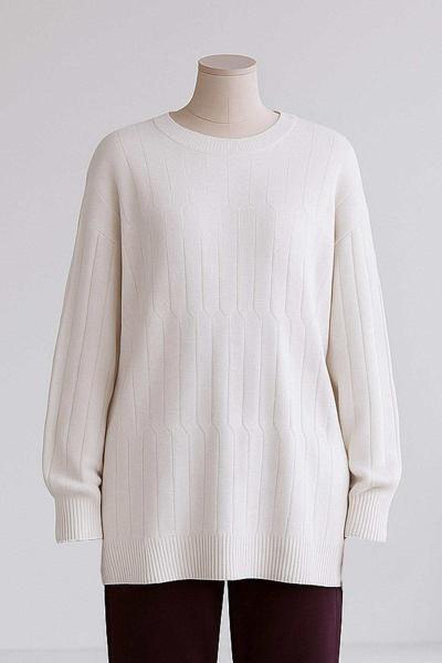 Sıfır Yaka Kendinden Desenli Triko Tunik Ekru