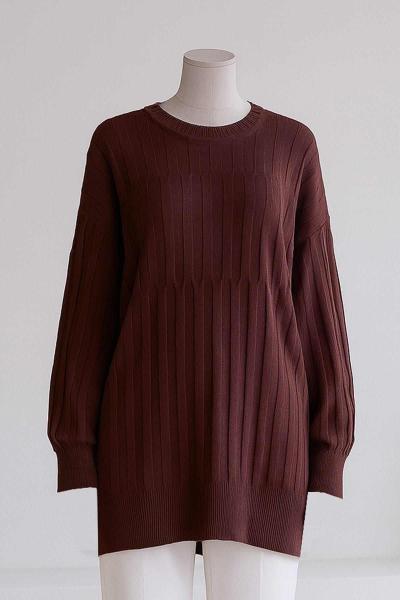 Sıfır Yaka Kendinden Desenli Triko Tunik Kahve