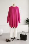 Önü Oval Kesim Kolu Katlamalı Triko Tunik Fuşya