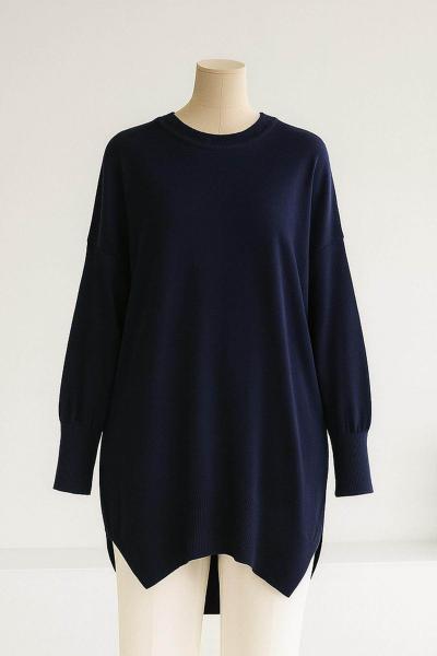Önü Oval Kesim Kolu Katlamalı Triko Tunik Lacivert