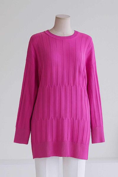 Sıfır Yaka Kendinden Desenli Triko Tunik Fuşya