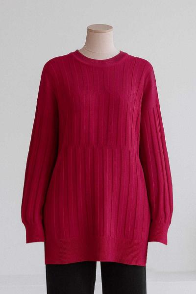 Sıfır Yaka Kendinden Desenli Triko Tunik Kırmızı