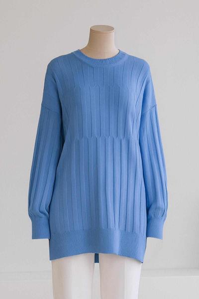 Sıfır Yaka Kendinden Desenli Triko Tunik Mavi