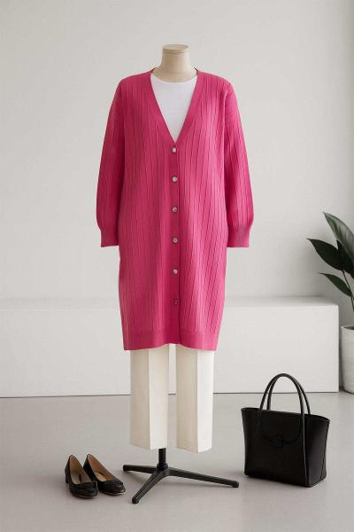 Metal Düğmeli Kendinden Çizgili Triko Hırka Fuşya