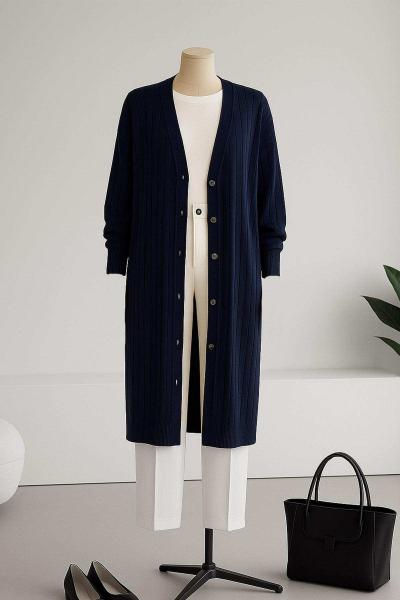 Metal Düğmeli Kendinden Çizgili Triko Hırka Lacivert