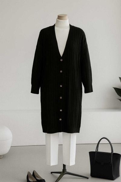 Metal Düğmeli Kendinden Çizgili Triko Hırka Siyah