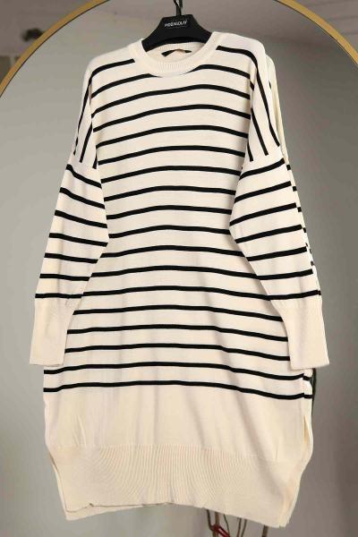 Enine Çizgili Yırtmaçlı Salaş Triko Tunik Ekru Siyah