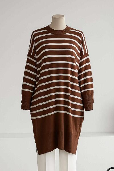 Enine Çizgili Yırtmaçlı Salaş Triko Tunik Kahve Beyaz