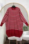 Enine Çizgili Yırtmaçlı Salaş Triko Tunik Kırmızı Beyaz