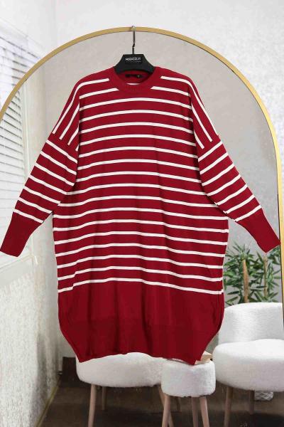 Enine Çizgili Yırtmaçlı Salaş Triko Tunik Kırmızı Beyaz