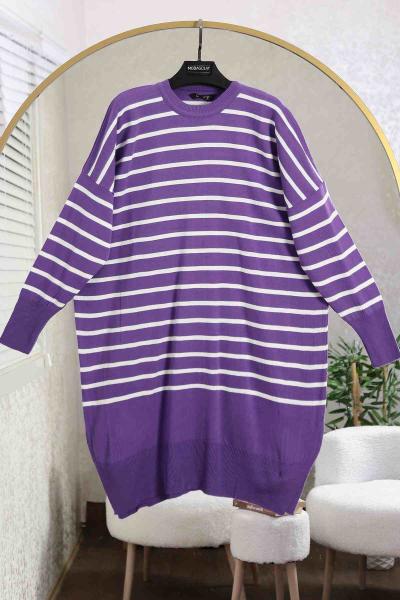 Enine Çizgili Yırtmaçlı Salaş Triko Tunik Lila Beyaz