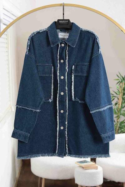 Çift Cepli Püsküllü Kot Ceket Mavi