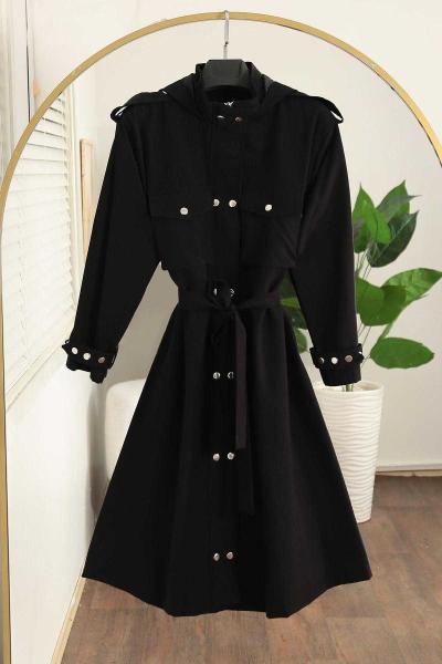 Kapşonlu Çift Cepli Vespa Kırınkıl Trençkot Siyah