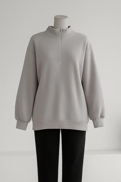 Yarım Fermuarlı Üç İplik Sweat Açık Gri