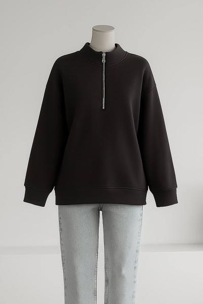 Yarım Fermuarlı Üç İplik Sweat Füme