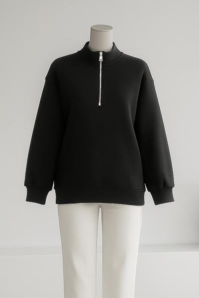 Yarım Fermuarlı Üç İplik Sweat Siyah