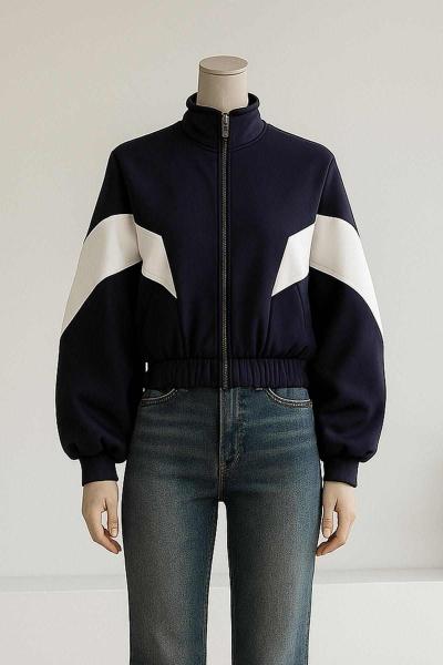 Parça Garnili Fermuarlı Üç İplik Sweat Lacivert