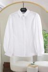 Omuzu Pileli Balon Kollu Poplin Gömlek Beyaz