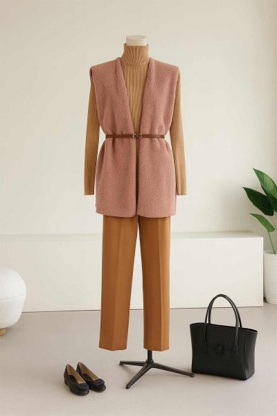 Kemerli Buklet Yelek Pudra