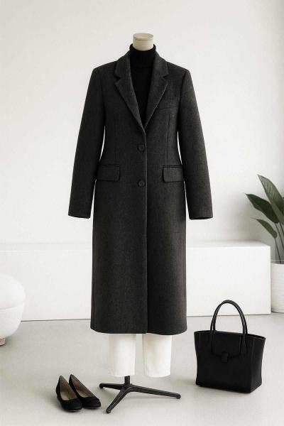 Kendinden Çizgili Üç Cep Detaylı Çift Düğmeli Kaşe Kaban Antrasit