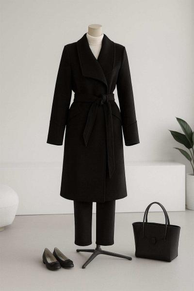 Çift Cepli Kolları Dikişli Kuşaklı Kaşe Kaban Siyah